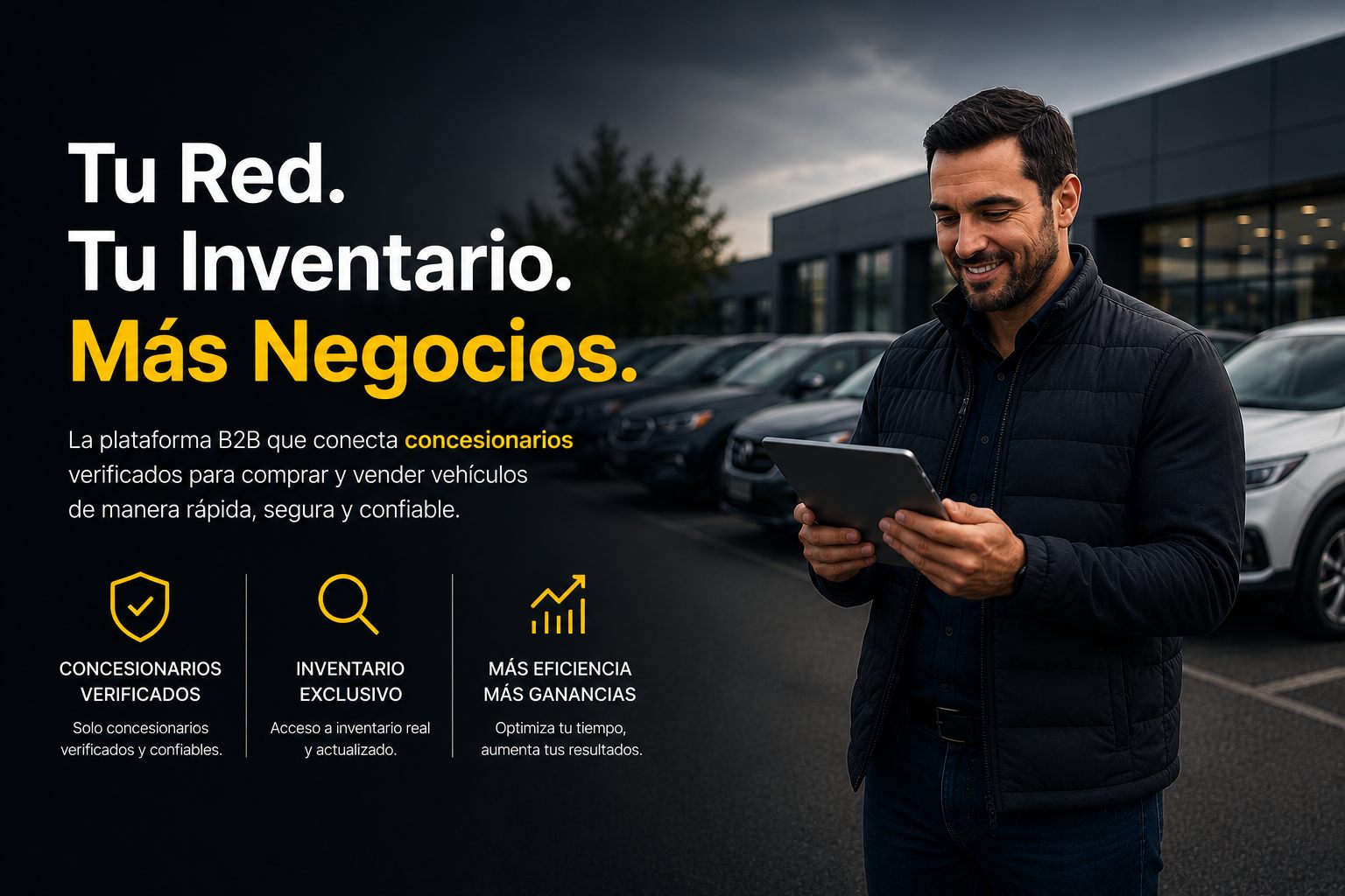 Tu red, tu inventario, más negocios — la plataforma B2B que conecta concesionarios verificados para comprar y vender vehículos de forma rápida, segura y confiable.